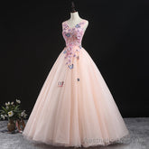 Charming Pink Flowers Ball Gown Long Sweet 16 Dress, Pink Prom Dress
